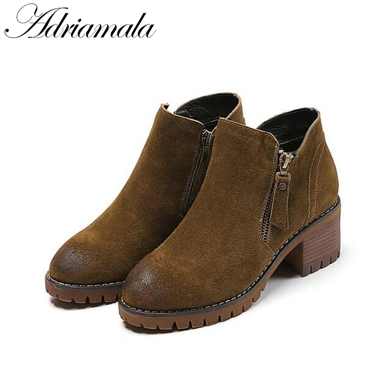 Зимние женские ботильоны 2017 Разделение кожа круглый носок квадратный каблук