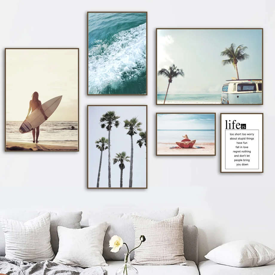 

Sea Beach Coconut Tree Bus Sky Quote Landscape Wall Art Canvas Painting Nordic Posters And Prints Wall Pictures For Living Room