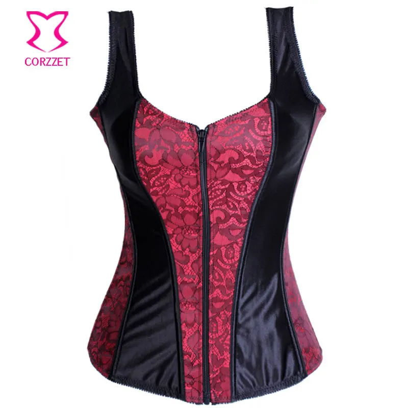 Черный и красный готический корсет с цветочным узором Бюстье на молнии | Женская