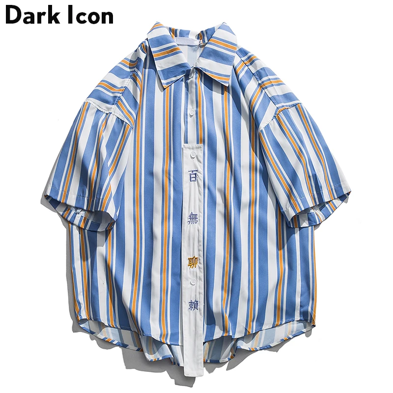 Темная икона полосатая рубашка с коротким рукавом 2019 летняя вышивка патч спереди