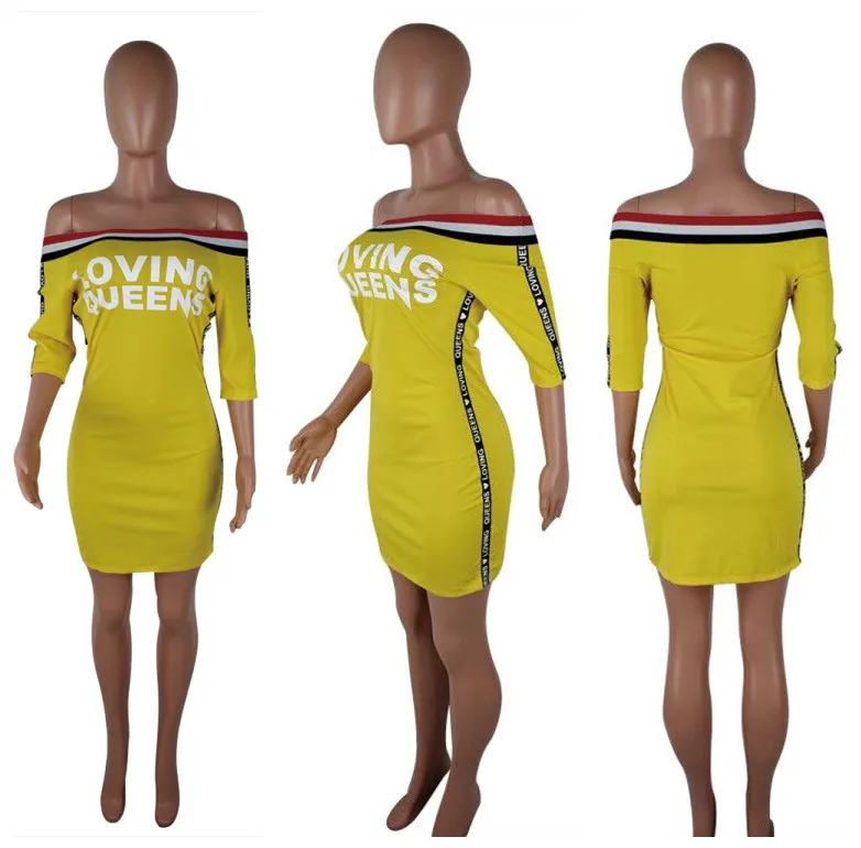 Robe Femme Ete Новинка года рубашка платье для женщин в полоску Сращивание Письмо печати с открытыми плечами Slash средства ухода за кожей Шеи - Цвет: 589262203153