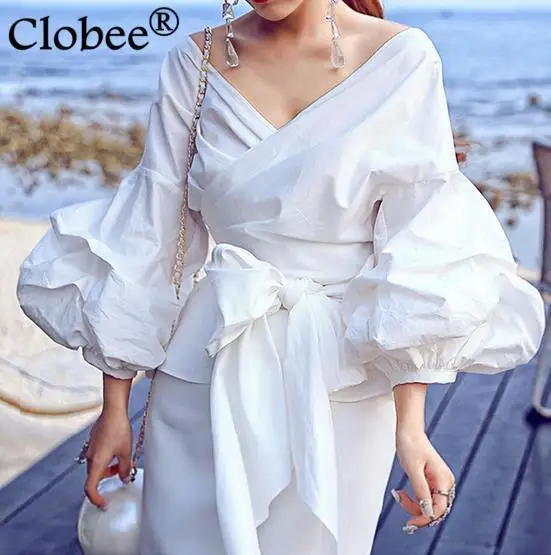 White Blouse 2019 Runway Designer Style Women's Lantern Sleeve Blusas V-neck Bow Loose Top Shirt Plus Size Women Clothing Y24 |