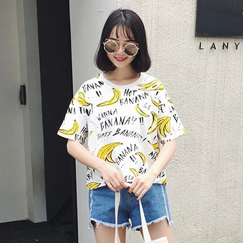 Летняя Шикарная новая футболка с принтом банана для женщин Свободный Топ