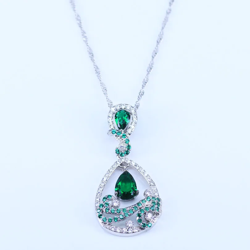 Lovely Water Drop CZ Stone And Green Crystal Necklace Earring Set Fashion 925 Silver Jewelry For Women T28 | Украшения и