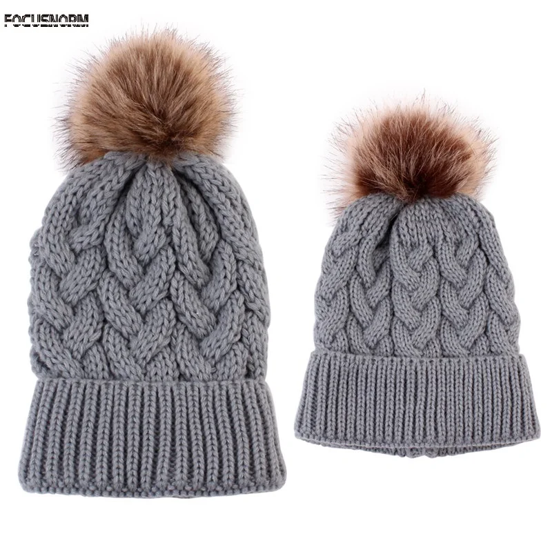 2018 Mother Baby Fashion Women Cap Warm Winter Beanie Fur Pom Hat Crochet Ski Ball cotton Toddler Knitted Beanies | Детская одежда и