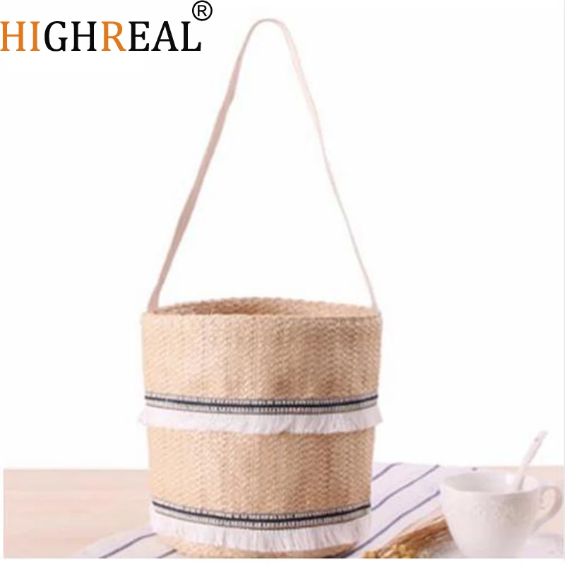 

HIGHREAL Japan Style Bucket Cylindrical Straw Bags Tassel Wheat-straw Woven Women Crossbody Bags Shoulder Tote Bag String