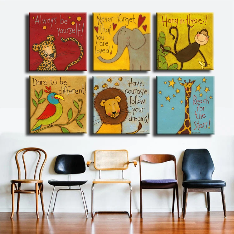 

Free shipping Canvas painting Oil Painting 6 pieces/set Modern cartoon animals wall pictures kids room wall decor No Frame