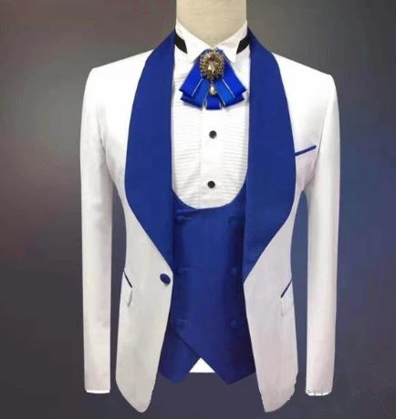 

2019 New Arrival White One Button Groomsmen Royal Blue Shawl Lapel Groom Tuxedos Men Suits For Wedding/Prom Best Man Blazer