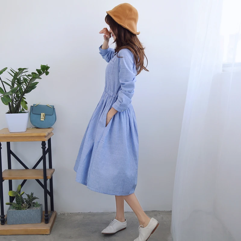 

2018 new design autumn fashion dress casual long sleeve blue striped dress for women