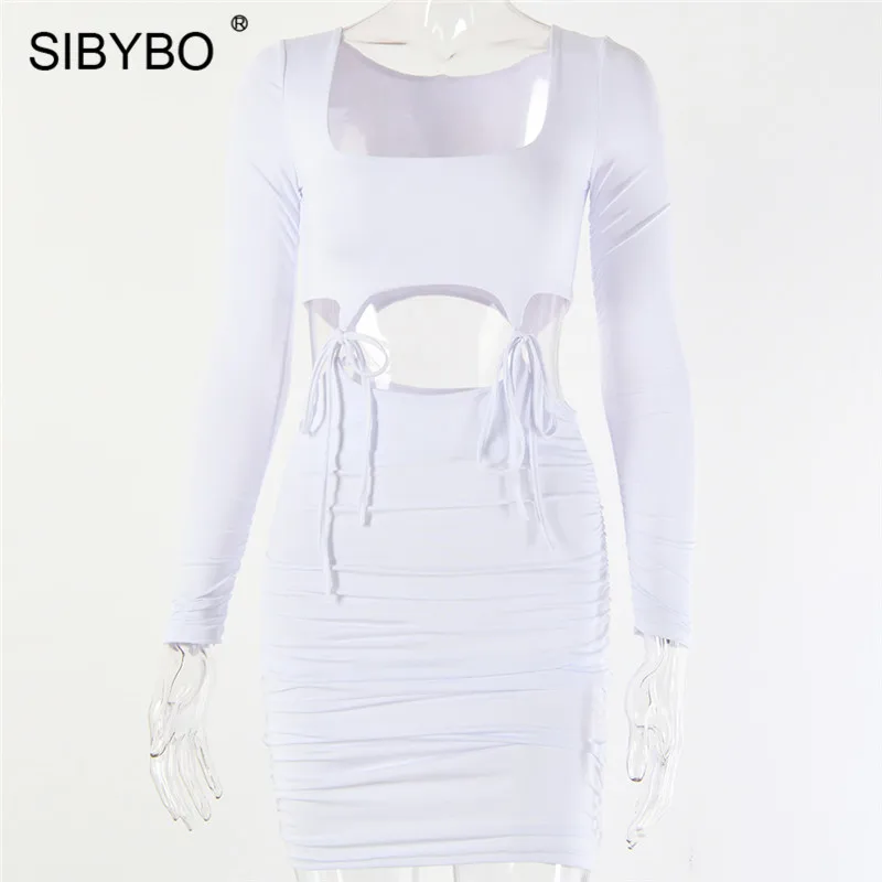 Sibybo, выдалбливают, шнурок, мини, сексуальное, женское платье, длинный рукав, плиссированные, Осенние, вечерние, одноцветные, пляжные, женские, повседневные платья
