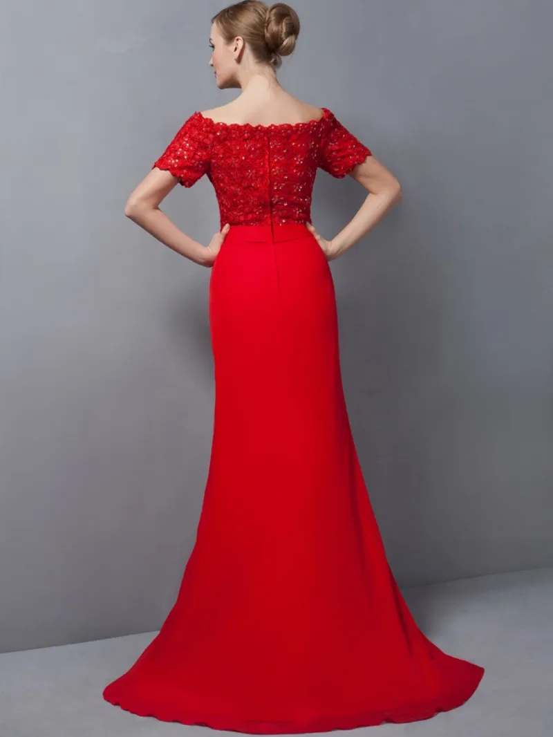 Красный для матери невесты Платья трапециевидной формы с короткими рукавами