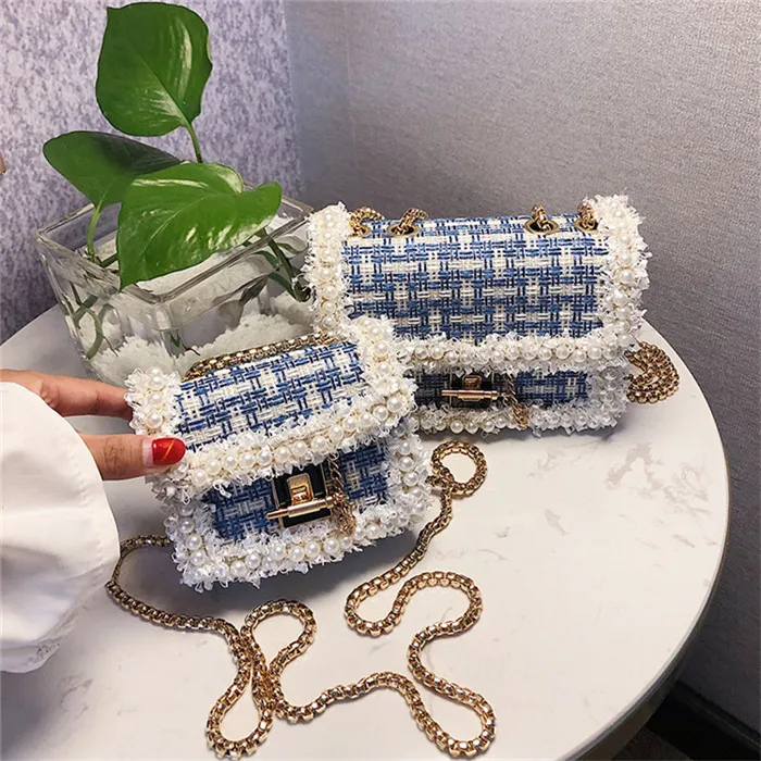 Blue TOYOOSKY модная Новая женская дизайнерская сумочка, шерстяная женская сумка, сумка на плечо с жемчужной цепочкой, простая квадратная сумка с бисером - Цвет: Blue