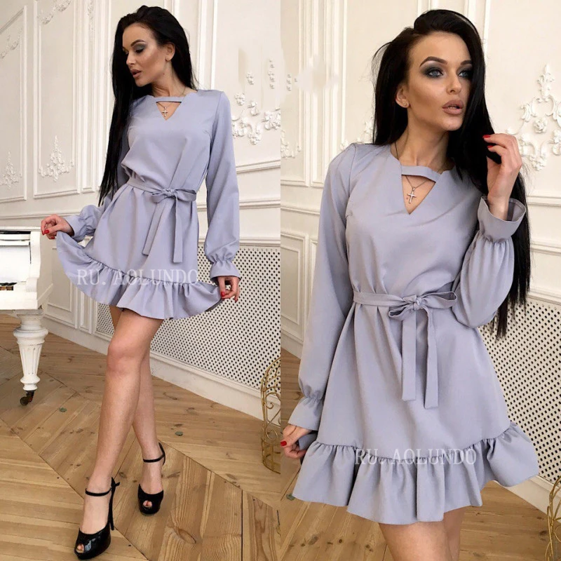2018 Choker V-Neck Long Sleeve Autumn Dress Woman Solid Ruffles Sashes Straight Casual Flare Mini Dresses | Женская одежда