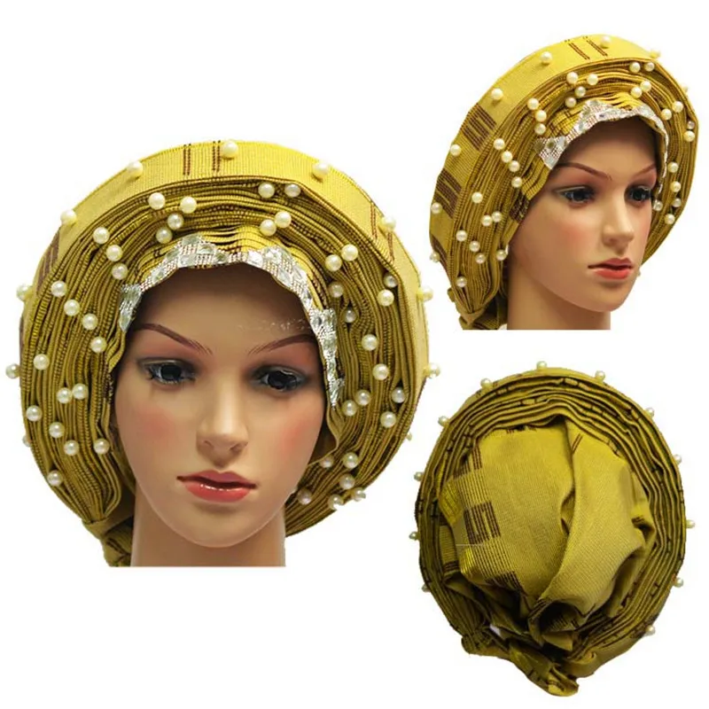 gold 1 Африканский Авто геле головной убор для свадьбы 019 ASO OKE геле головной убор вышивка с бисером - Цвет: gold 1