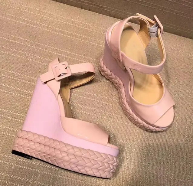 pink leather Carpaton/пикантные женские Босоножки с открытым носком; розовые замшевые туфли на платформе; Туфли на танкетке; кожаные туфли с оплеткой и застежкой на ремешке; вечерние модельные туфли черного цвета - Цвет: pink leather