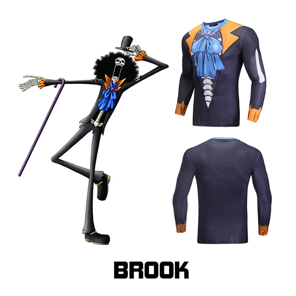 

New anime cosplay costume Tights spring new BROOK One Piece 3D printing sports T-shirt fitness clothes