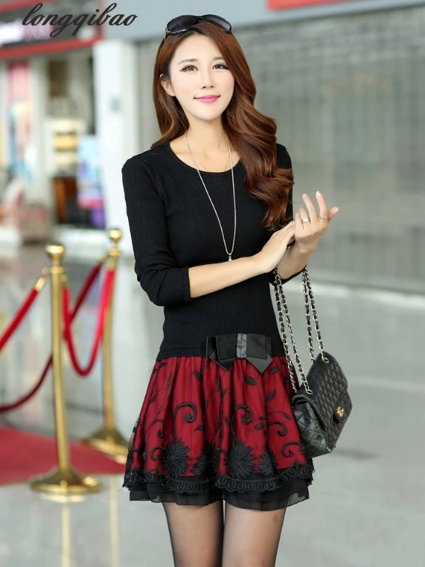 Женское облегающее платье-свитер с кружевом весна-осень 2017 | Женская одежда