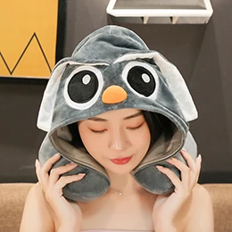 Dark grey owl Мультяшные животные u-образная подушка для шеи с капюшоном для путешественников, машины, самолета, детей, взрослых, Розовый Единорог, кошка, Сова, свинья, Тоторо, плюшевая подушка - Цвет: Dark grey owl