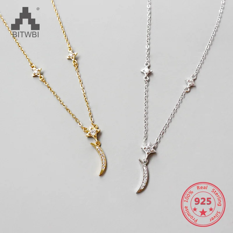 

Fashion AAAA Zircon 925 Sterling Silver Sweet Cute Moon And Stars Chain Necklaces & Pendants For Women Fine Jewelry