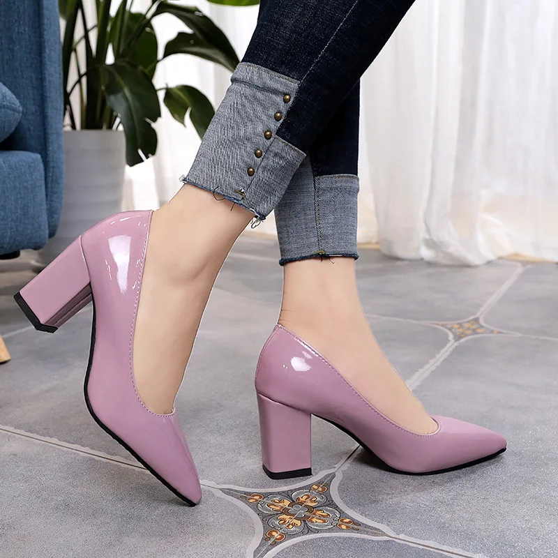 New Women Pumps Black High heels 7.5cm Lady Patent leather Thick with Autumn Pointed Single Shoes Female Sandals Big 33-43