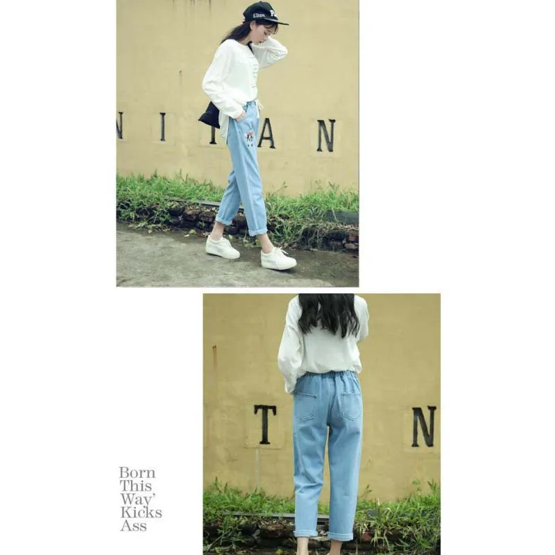 2018 свободные с эластичной талией синие джинсы женские винтажные Штаны корги Мопс