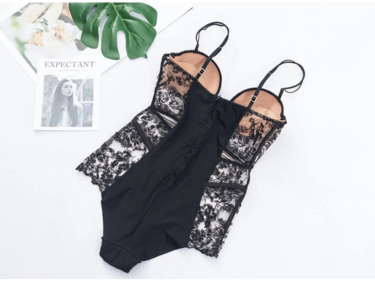 Женский кружевной купальник KEKAKA черный с цветочной вышивкой и пуш-ап лето 2019 -