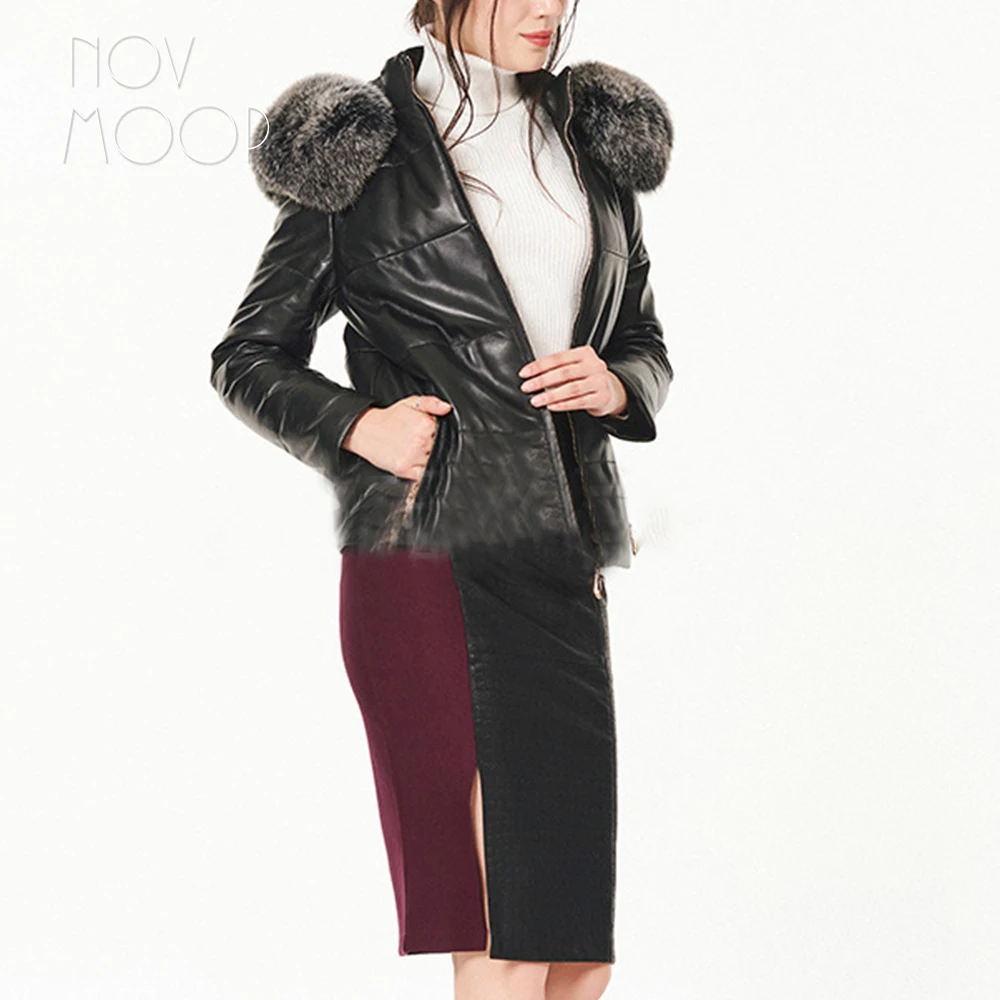 Winter women genuine leather real sheepskin down coat fox fur hooded mink spliced quilted outwear casaco LT2725 | Женская одежда