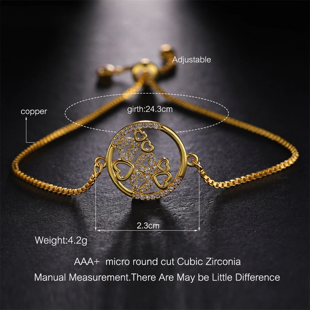 JUWANG Gold Heart Bracelets&ampBangles Jewelry Cubic Zircon For Women Lovers Wedding Charm Bracelet Adjustable Chain | Украшения и