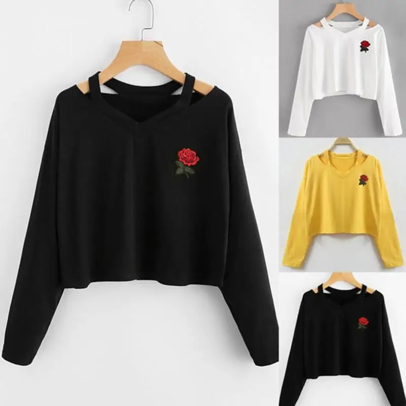 Для женщин Мода Повседневное V воротник розы вышивка орнамент хлопок леди