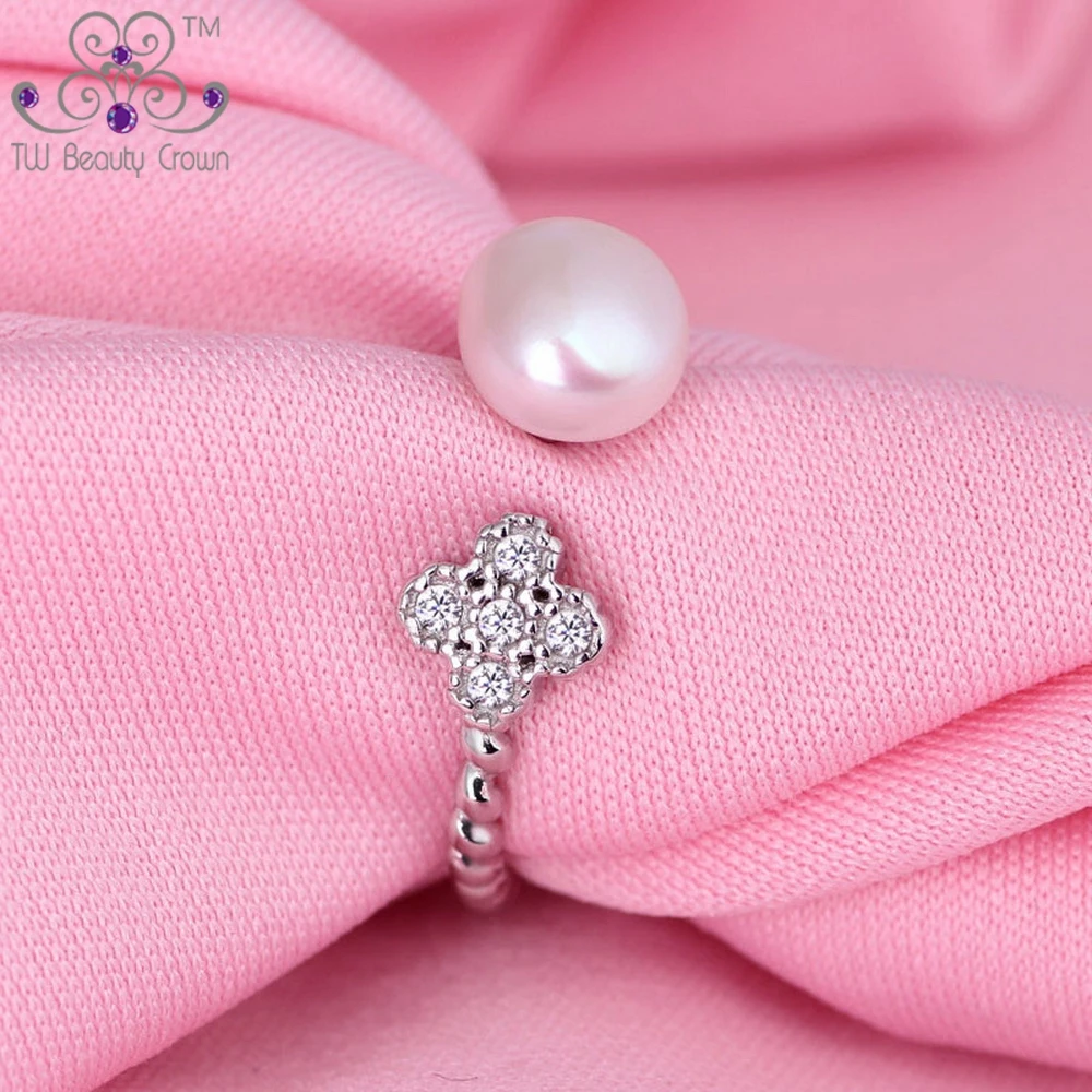 Женское кольцо с жемчугом из серебра 2017 пробы 4 листиками клевера и натуральным