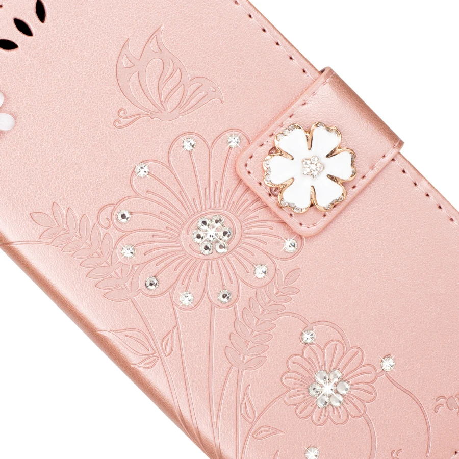 Чехол-книжка из искусственной кожи с цветком и бриллиантами для iphone 8 7 6 6S plus X Samsung