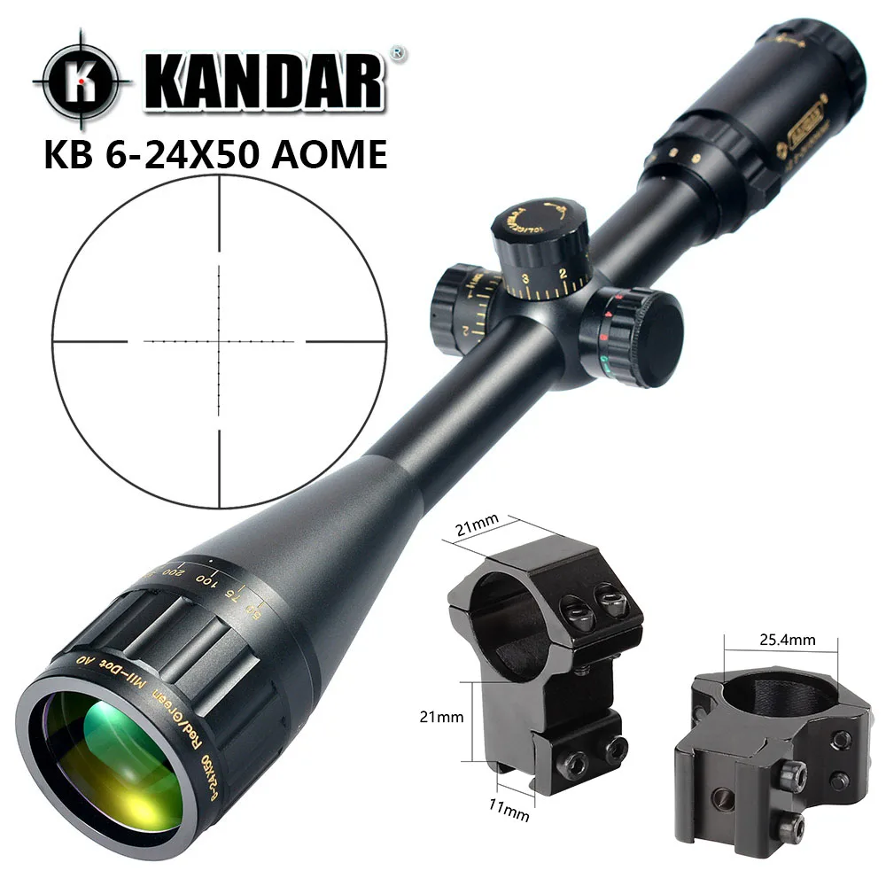 with Dovetail Rings KANDAR Gold Edition 6-24x50 AOME стекло гравированное Mil-dot Сетка фиксирующий прицел охотничий прицел тактический оптический прицел - Color: with Dovetail Rings