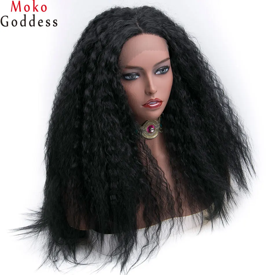 Mokogoddess 150% плотность черные прямые волосы Yaki синтетические парики шнурка синтетические передние парики для черных женщин