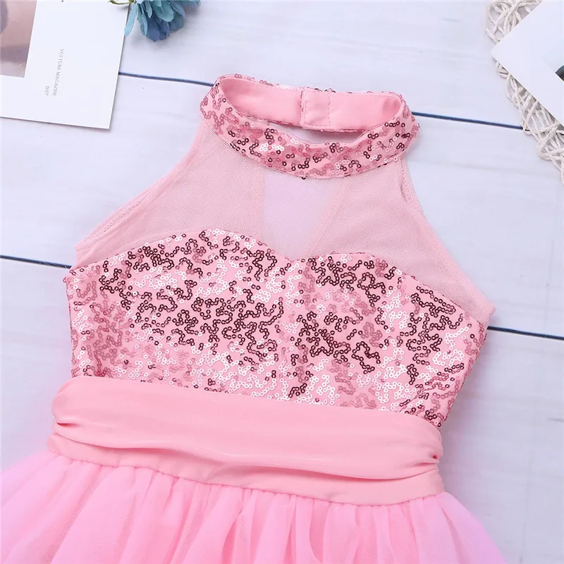 Kids Girls Mock Neck Ballet Dance Dress Gymnastic Leotard Shiny Sequins Sleeveless Mesh Splice Ballet Leotard Flower Girls Dress