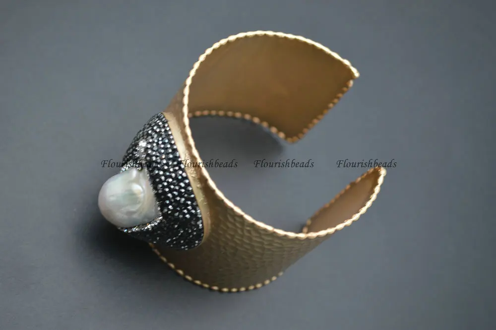 Gold Color Fashion Woman Cuff Bangle Lady Style Paved Crystal and Baroque Pearl Beads on Surface Party Bracelet | Украшения и