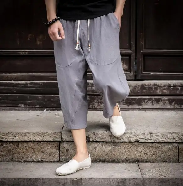 Серый Man Linen Cropped Cross Pant Trouser Men Casual Wide-Legged Bloomers Summer Male Traditional Nepal Trousers - Цвет: Серый