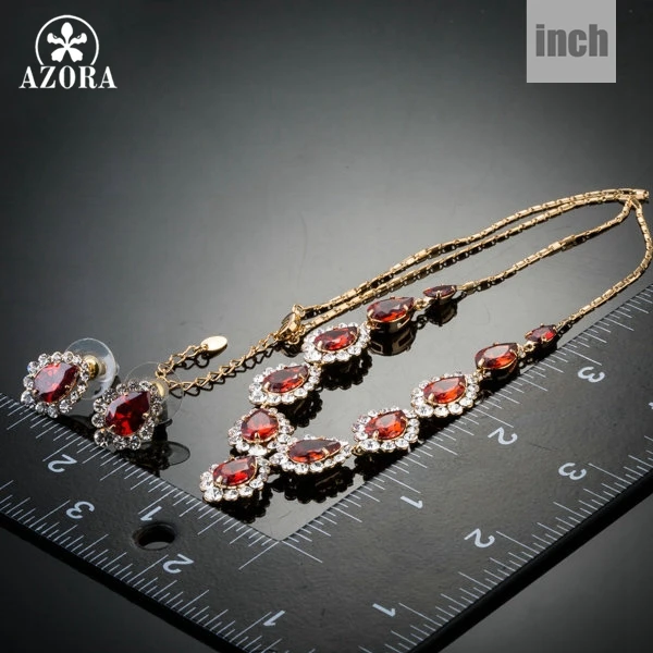 Подвеска и серьги гвоздики TG0149 с красным фианитом в форме капли воды|jewelry sets|set