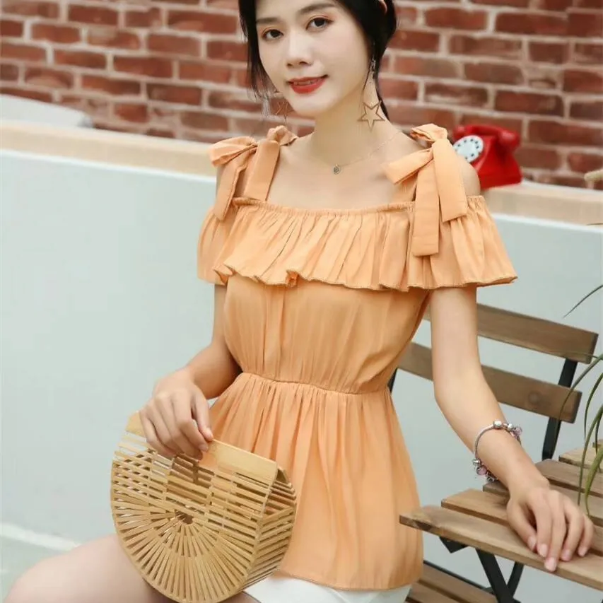 

Women's Clothing Korean off shoulder Blouses solid slash neck ruffles tops summer blusas mujer de moda fashion brand shirts new