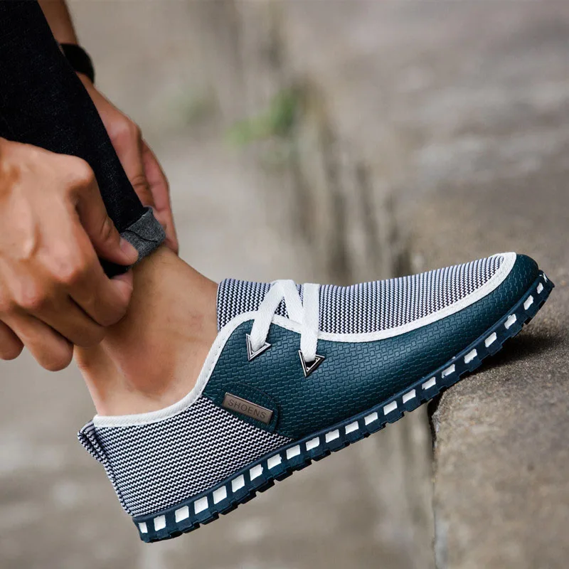 Lazy Canvas Shoes Men Casual Shoes Footwear Loafers Soft Comfortable Outdoor Flat Male Driving Man Shoes Chaussure Homme Size 47 - Цвет: Blue Green