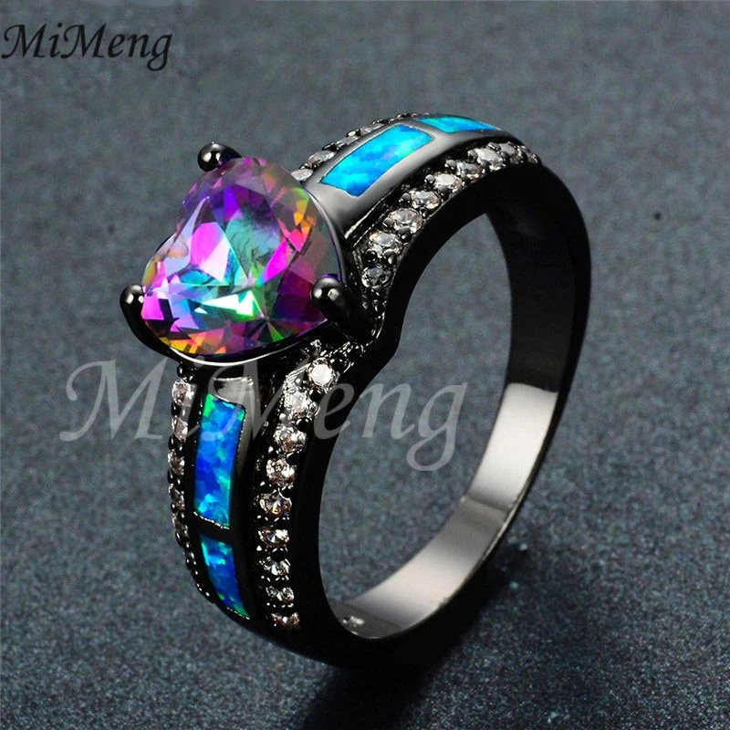 MiMeng Fire Opal Rainbow CZ Colorful Heart shaped Ring For Women Black Gold Color Statement for Girls Gift M30 | Украшения и