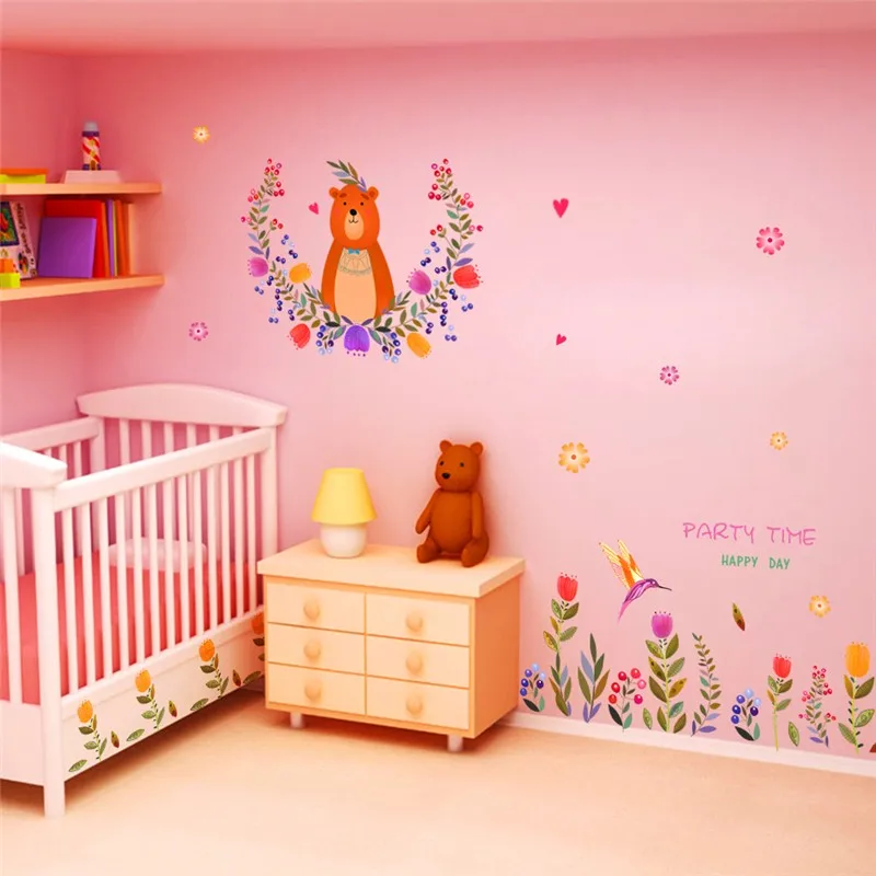 

colorful flower birds bear wall stickers for kids rooms TV background decor cartoon animal wall decals diy mural pvc posters art