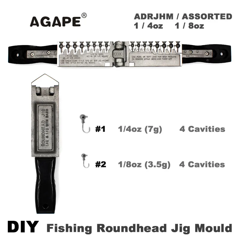 AGAPE Fishing Roundhead Jig Mould ADRJHM/ASSORTED COMBO 1/4oz(7g), 1/8oz(3.5g) 8 Cavities