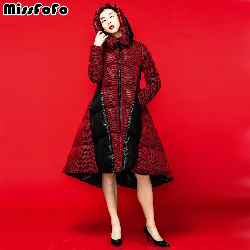 MissFoFo, женские пуховые пальто, CLJ, куртки,, новая мода, пуховик, сетка, пэтчворк, длинная верхняя одежда, женский пуховик - Цвет: Красный