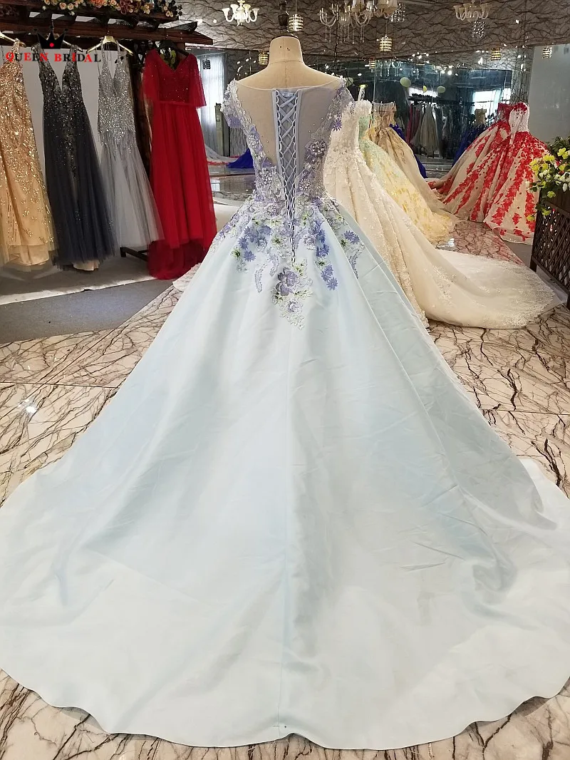 Sky Blue Satin Flowers Appliques Crystal Luxury Long Evening Dresses 100% Real Gown 2021 Vestido De Festa KC602 | Свадьбы и