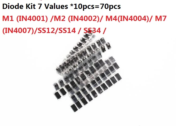 Набор SMD diode Kit SS12/SS14 / SS34 M1 (IN4001) /M2 (IN4002)/ M4(IN4004)/ M7 (IN4007)/Set SMA 7 значений * 10 шт. = 70