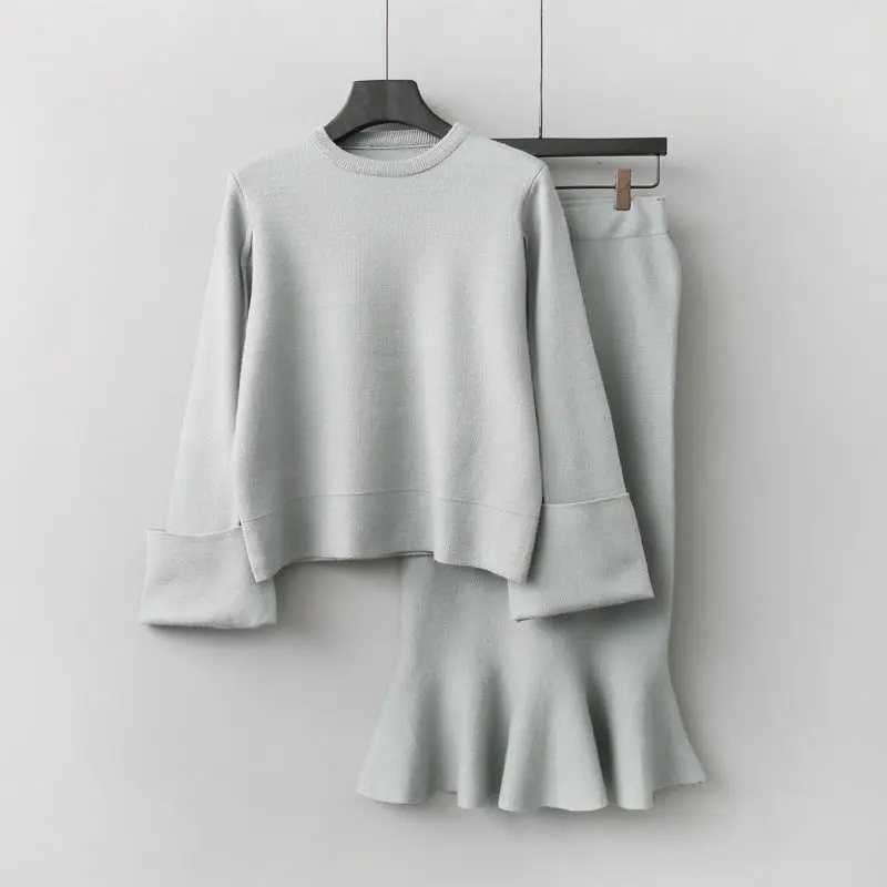 Autumn Jumper Sweater Women Office Elegant Knitted Pullover + Pencil Skirt 2pcs Suits Tops And Long Skirts Sets C3674 | Женская одежда