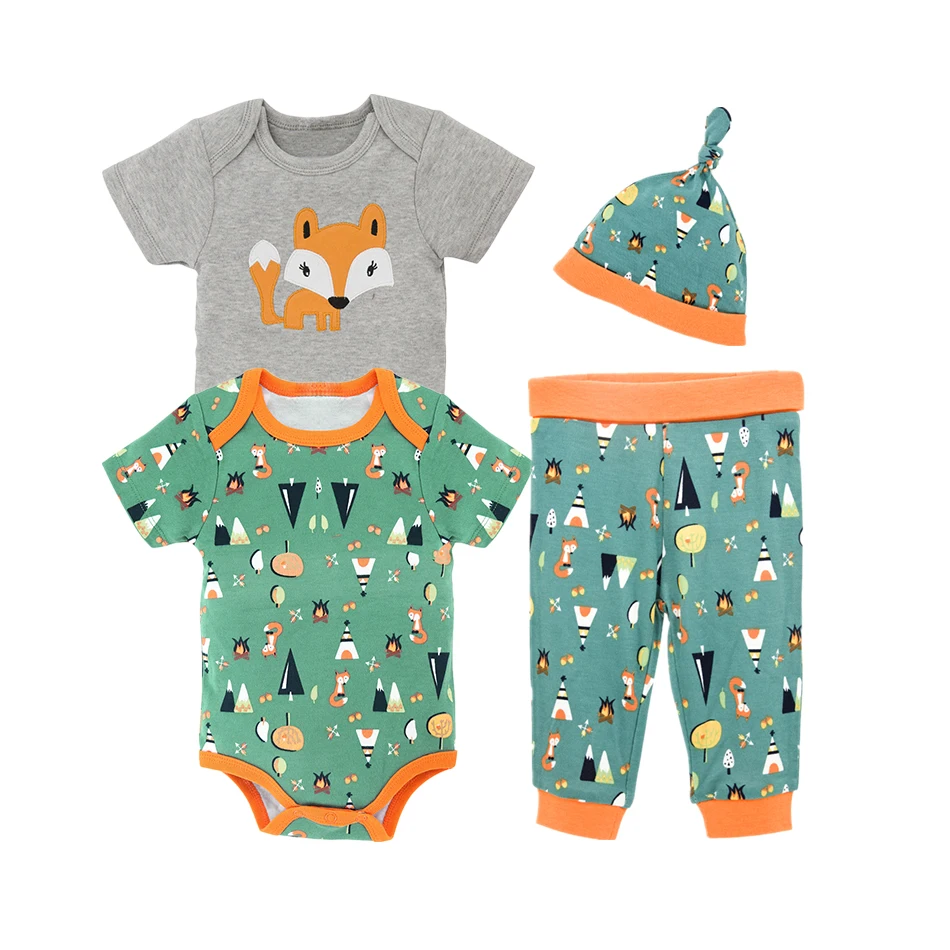 2019 4PCS/lot Baby Boy Clothing Sets Summer/Spring Newborn Infant Rompers and Cotton Pants Jumpsuits with Hats |