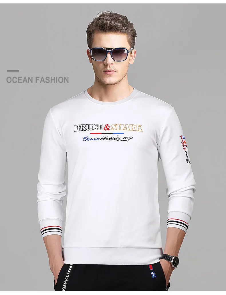 Брюс и Акула длинный рукав для мужчин размера плюс M To3XL 4XL хлопок 95% модная повседневная мужская высокая круглая 2355 с вышивкой - Цвет: Белый