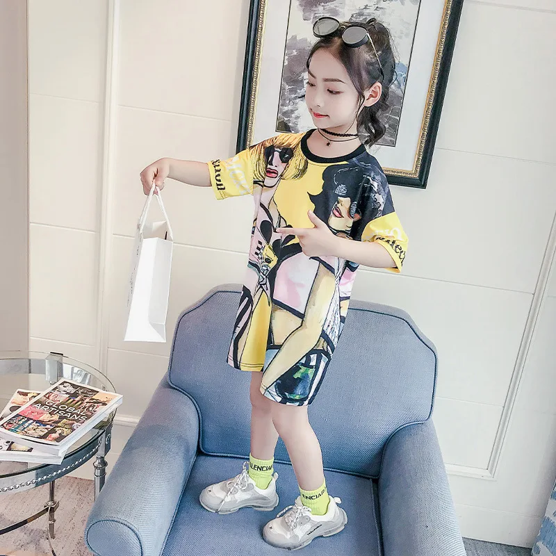 Детская одежда 2019 г. Новая летняя свободная футболка для девочек Повседневное