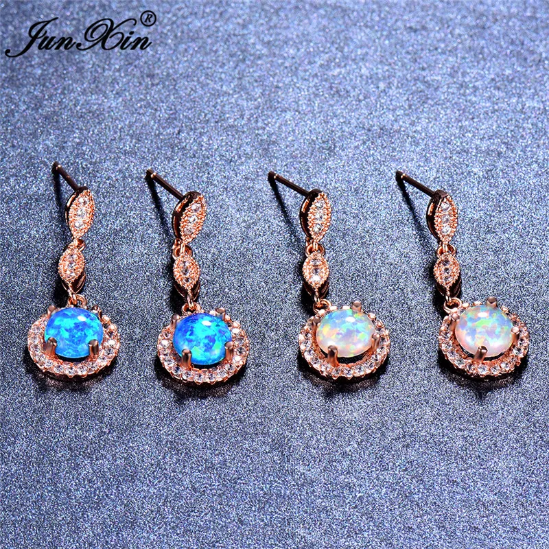 

Boho White Blue Fire Opal Earrings Fashion Rose Gold Filled Drop Earrings For Women Vintage Long Dangle Earrings